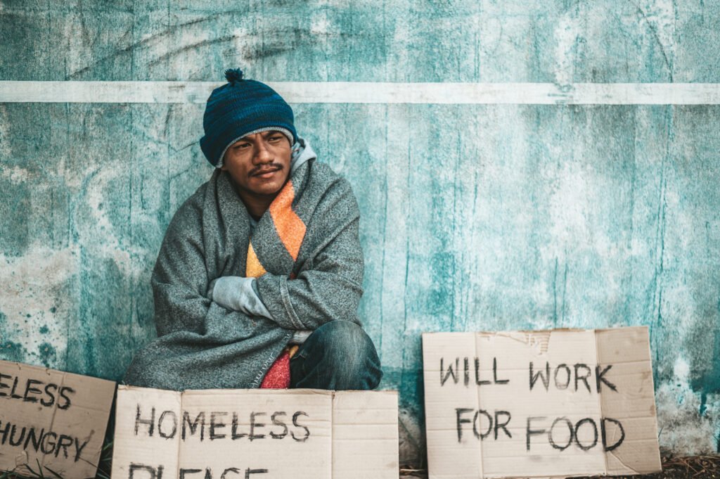 Hungry Homeless pleading will work fo Food